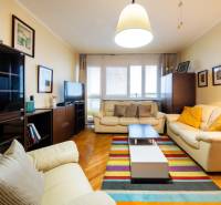 Wohnzimmer in einer 3-Zimmer-Wohnung mit Ledersofas und einem Boden in Holzoptik.