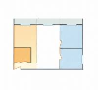 Farbiger Grundriss einer 3-Zimmer-Wohnung mit verschiedenen Räumen und Eingängen.