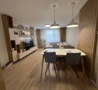 Wohnzimmer in einer 4-Zimmer-Wohnung mit Sofa, Fernseher, Esstisch und Boden in Holzoptik.