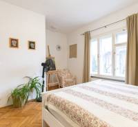 Helles Schlafzimmer mit Holzboden, Pflanzen und großen Fenstern in einer 2-Zimmer-Wohnung.