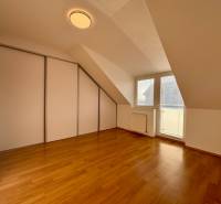 Dachgeschosszimmer in einer 2-Zimmer-Wohnung mit Holzboden und Einbauschrank.