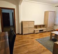 Wohnzimmer in einer 3-Zimmer-Wohnung mit Holzboden und Holzmöbeln.