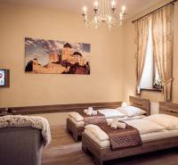 Ein Zimmer in Hotels und Pensionen mit einer Lampe, einem Bett und einem Bild einer Burg.