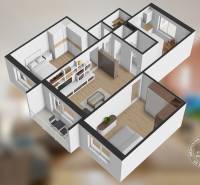 Der Grundriss zeigt eine 3-Zimmer-Wohnung mit Holzboden und Balkon.