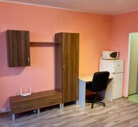 Einzimmerwohnung mit Möbeln, Schreibtisch, Mikrowelle und Holzboden.