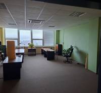 Büros mit Tischen, Stühlen und Pflanzen auf einem Boden mit Holzdekor.