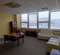 Geräumiges Büro mit Sofas, Tisch und Fenstern mit Blick auf die Stadtsilhouette.