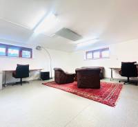 Heimbüro mit Teppichdekor und Ledersesseln in einem Einfamilienhaus.