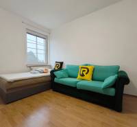 Ein Zimmer mit einem Sofa und einem Bett, Boden mit Holzdekor, Einfamilienhaus.