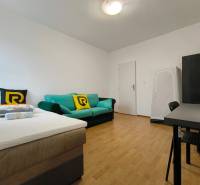 Ein Zimmer in einem Einfamilienhaus mit einem Bett, einem Sofa und einem Schreibtisch, Boden mit Holzdekor.