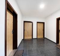 Ein Flur mit drei Eingangstüren und einem dunklen Boden mit dekorativen Elementen.