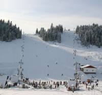 Skigebiet auf den Erholungsgrundstücken in Litmanová mit Skifahrern und verschneiten Wäldern.