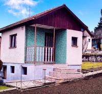 Ein Ferienhaus in Partizánske mit Parkgestaltung, grüner Fassade und einer Treppe zur Terrasse.