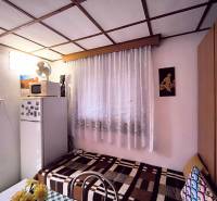 Eine Hütte mit einfachem Interieur, Sofa, Kühlschrank, Mikrowelle und Blumendekoration.