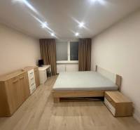 Schlafzimmer in einer 3-Zimmer-Wohnung mit Bett und Möbeln, Boden mit Holzdekor.