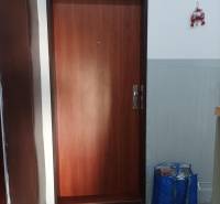 Holztür, die zu einer Einzimmerwohnung mit Eingangsmatte führt.