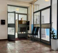 Eingang zum Büro mit Glastüren, Pflanze und Sitzgelegenheit.