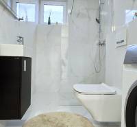 Badezimmer in einem Einfamilienhaus mit Waschmaschine und Duschkabine, elegante Fliesen.