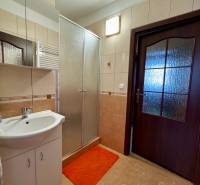 Badezimmer mit Dusche und Waschbecken in einer 3-Zimmer-Wohnung, Fliesen und Spiegel.