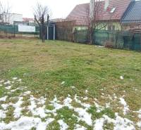 Der Garten beim Einfamilienhaus in der Friedhofstraße in Divín, bedeckt mit Gras und Schnee.