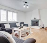 Wohnzimmer in einer 4-Zimmer-Wohnung mit Kamin und Boden in Holzoptik.