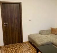 Wohnzimmer mit Sofa, Holzboden und dunklen Türen in einer 3-Zimmer-Wohnung.