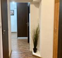 Der Flur in der 3-Zimmer-Wohnung mit einem Boden in Holzoptik und Einbauschränken.