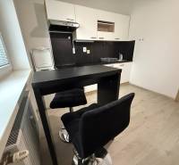 Küche mit Sitzbereich und Bodenbelag in Holzoptik in einer Einzimmerwohnung.