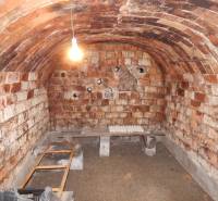 Ein Keller mit Ziegelwänden und einem Gewölbedecke in einem Einfamilienhaus.