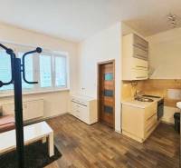 Ein Studio-Apartment mit Küchenzeile, Holzboden und Sitzbereich bietet einen gemütlichen Raum.