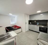 Küchenecke und Bett in einer Hütte mit grauer Verkleidung und Ausstattung.