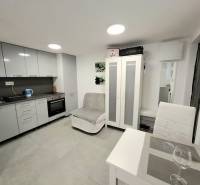 Eine Küche in einer Hütte, mit einem Esstisch und grauen Küchenschränken.