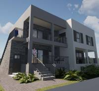 Ferienwohnung in Čiovo mit moderner Fassade, Balkon und umgebendem Grün.