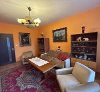 Wohnzimmer in einer Zweizimmerwohnung mit orangefarbenen Wänden, dekorativem Teppich und Holzboden.