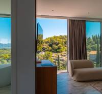 Interieur der Villa mit Blick auf die Natur, Badewanne am Fenster, bequemer Sessel.