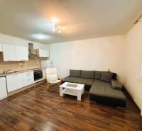 Wohnzimmer in einer 2-Zimmer-Wohnung mit einer Eckcouch und einer Küchenzeile.