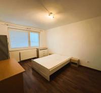 Schlafzimmer in einer 2-Zimmer-Wohnung mit Holzboden, Bett und Kleiderschrank.