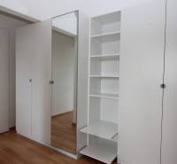 Weißer Einbauschrank mit Spiegel und Regalen in einer Einzimmerwohnung.