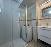 Badezimmer in einer 2-Zimmer-Wohnung mit Waschbecken, Dusche und Waschmaschine.