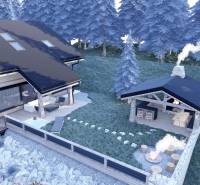 Visualisierung eines Ferienhauses mit Pavillon und Feuerstelle im Gebiet Pozemky - Wohnen, Mýto pod Ďumbierom.