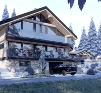 Holzhütte mit verglaster Terrasse in winterlicher Landschaft in Mýto pod Ďumbierom.