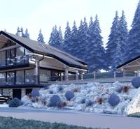 Eine moderne Hütte in der Berglandschaft von Mýto pod Ďumbierom, die zum Wohnen bestimmt ist.