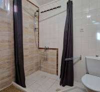 Ein Badezimmer in einem Einfamilienhaus mit einer einfachen Duschkabine und hellen Fliesen.