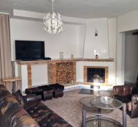 Wohnzimmer mit Kamin in einem Einfamilienhaus, Ledersessel und Couchtisch.