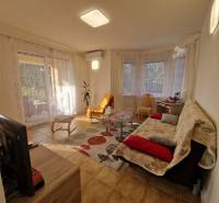 Obývací pokoj rodinného domu s televizí, pohovkou, stolkem a velkými okny se závěsy.