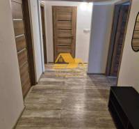 Der Flur in einer 3-Zimmer-Wohnung mit einem Boden in Holzoptik und mehreren Türen.