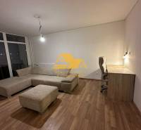 Wohnzimmer einer Zweizimmerwohnung mit Holzboden, Ecksofa und Tisch.