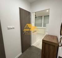 Innenraum einer Einzimmerwohnung mit Fliesen und Boden in Holzoptik.