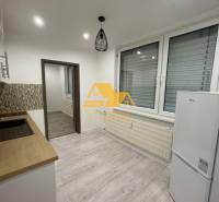 Küche in einer Einzimmerwohnung mit Holzboden und weißen Elektrogeräten.