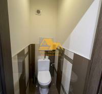 Toilette mit Fliesen und Fliesenbelägen in einer Einzimmerwohnung, verstecktes Belüftungssystem.